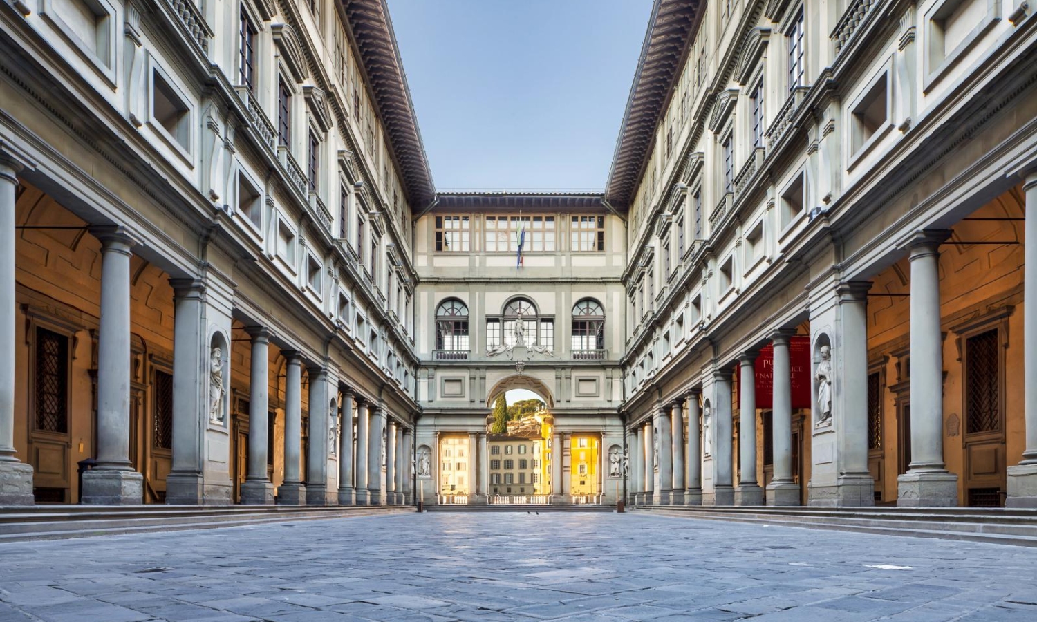 The narrow courtyard at the Uffizi Gallery in Florence, Italy, famous for housing a vast collection of Italian Renaissance masterpieces, many of which were bequeathed by the Medici dynasty.